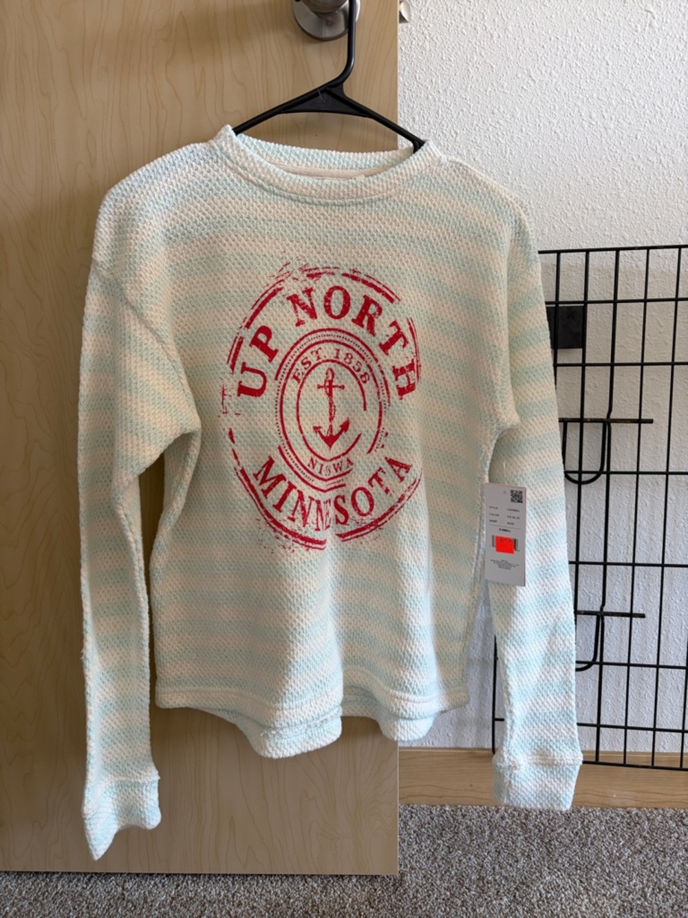 Up North Minnesota Red Logo Crewneck Sweater - Light Blue & Cream
